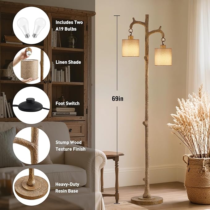 Rustic Floor Lamp for Living Room - Newly Upgraded Heavy-Duty Resin Base Farmhouse Floor Lamp with 2 Country Vintage Reading Light - Standing Lamps for Bedroom Office Home Decor (Brown, 2 Bulbs) - Bloomnest