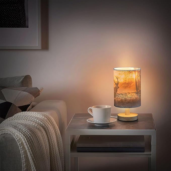 Table Lamp Red Deer Antler in Sunset Woodland Forest Nightstand Lamp with Wood Base Fabric Lamp Shade Bedside Desk Lamp for Living Room Bedroom Kids Room Office - Bloomnest