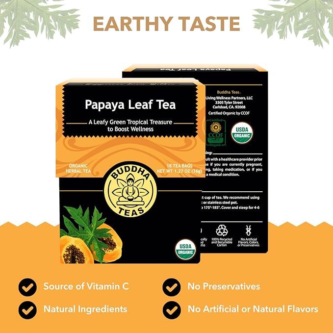 Buddha Teas Organic Papaya Leaf Tea - OU Kosher, USDA Organic, CCOF, 18 Bleach-Free Tea Bags - Bloomnest