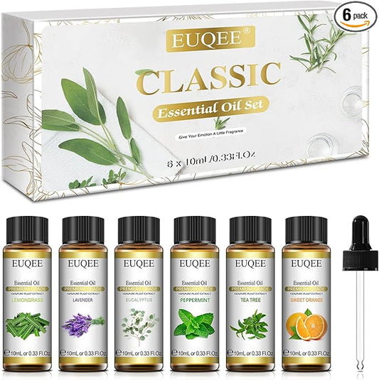 EUQEE Classic Essential Oil Set of 6 Pure Essential Oil Gift Set for Diffusers, Soap Candle Making - Lavender, Eucalyptus, Peppermint, Tea Tree, Sweet Orange, Lemongrass Aromatherapy Oils -10ml