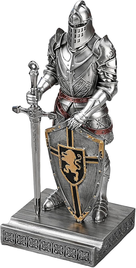 King's Guard Ornament Knight Statue for Desk, Desktop Accessories Pen Holder Pen Stand Paperweight for Office and Home (Silver)
