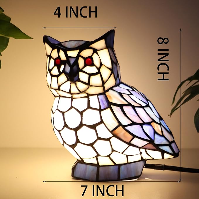 Tiffany Owl Lamp Blue and White Stained Glass Animal Table Lamp Accent Lamp - Bloomnest