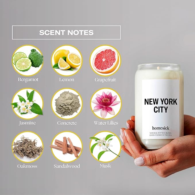 Homesick Scented Candles for Home (New York City) - 13.75 oz Long-Lasting Soy Wax Jar Candle for Women & Men for All Occasions, 60-80 Hours Burn Time - Notes of Lemon, Grapefruit & Jasmine - Bloomnest
