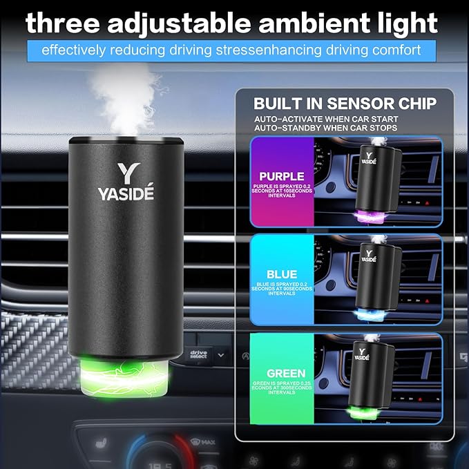 Smart Car Air Freshener, Car Air Freshener Diffuser, 3 adjustable fragrance modes, smart on/off, 8 refill bottles, 4 scents (1 set) - Bloomnest