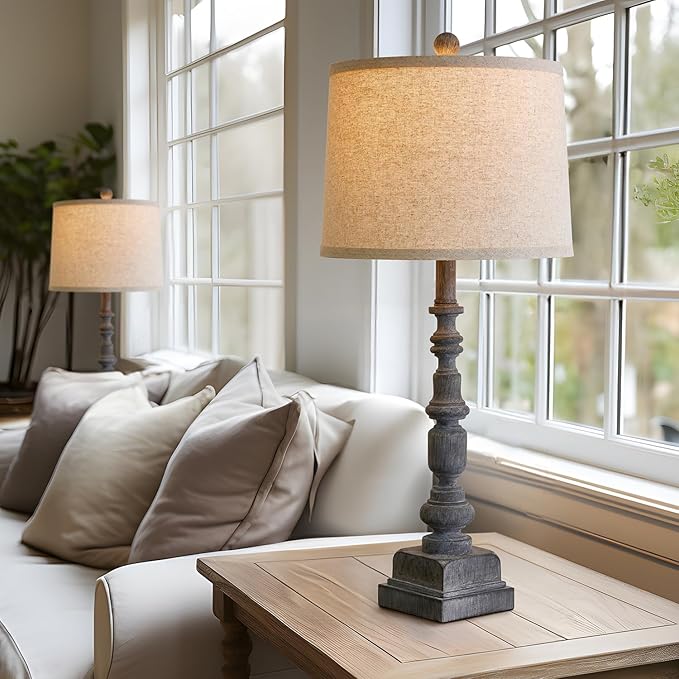 Oneach 27.75" Vintage Farmhouse USB A+C Table Lamps Set of 2 for Living Room Traditional Bedside Lamps for Bedroom Office Mid Century Table Lamp Antique Grey Accent Rustic Lamps for End Table - Bloomnest