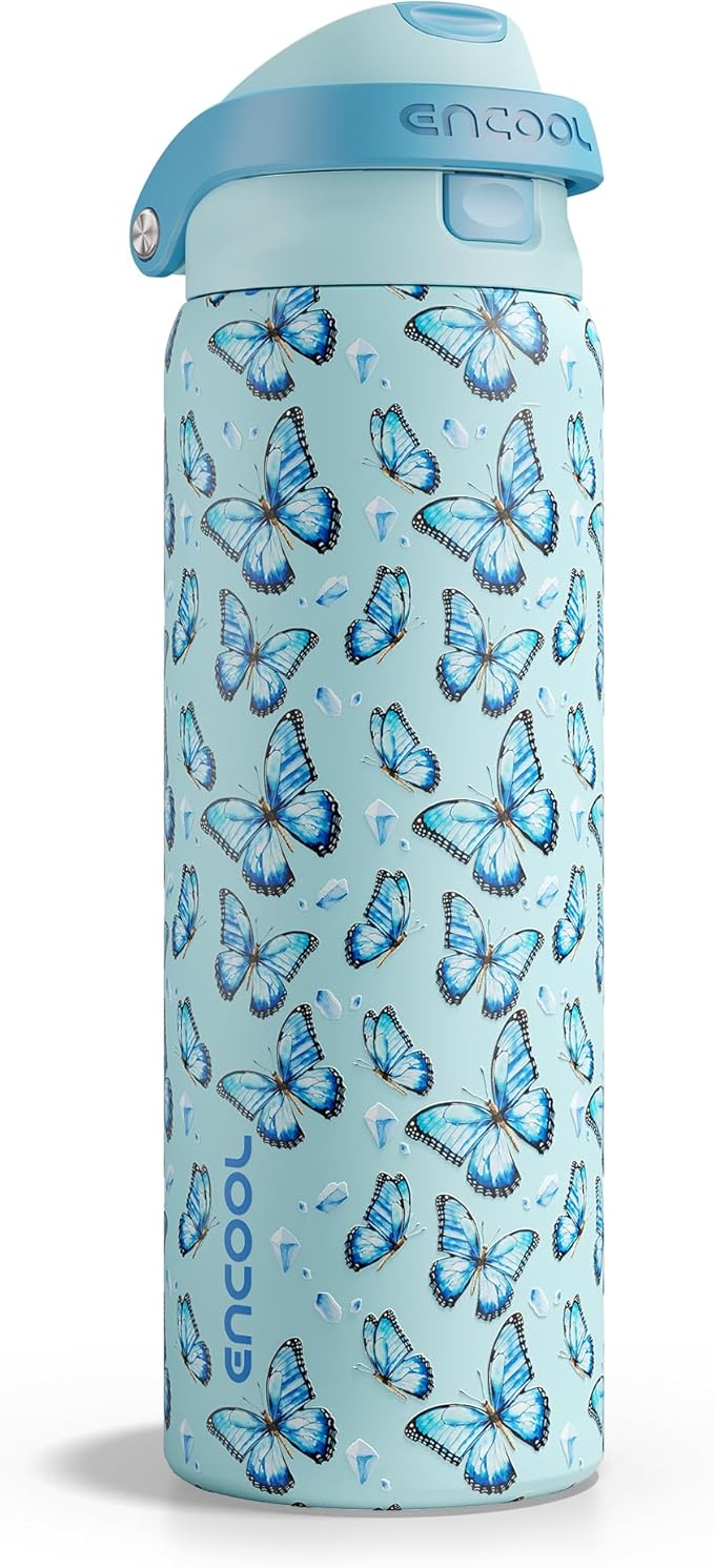 ENCOOL Leakproof Insulated Water Bottle with Straw Dual-Sip Water Bottle Bag-Safe Design for Work, Commute & Gym – Keeps Drinks Cold All Day, 32 oz, Glacier Butterfly ENCOOL