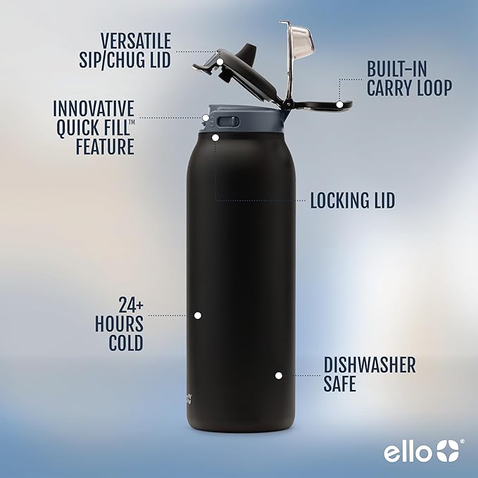 Ello Pop & Fill Insulated Stainless Steel Water Bottle with Quick Fill Lid, Leakproof Locking, Sip or Chug Spout, BPA-Free, Double Wall Vacuum Insulated for Sports, Travel & School- 22oz / 32oz / 40oz Ello