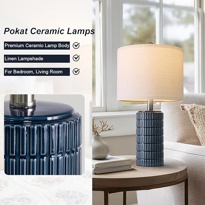 PoKat 20.75" Small Blue Table Lamps, Farmhouse Bedside Lamps for Bedroom Set of 2, Ceramic End Table Lamps for Night Stands Living Room, Modern Nightstand Desk Lamps, Dark Blue - Bloomnest