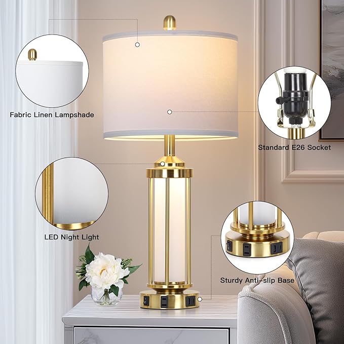 Modern Table Lamps, Gold 27" Industrial Table Lamp Set of 2 with USB A+C Charging Ports & AC Outlet, Farmhouse Rustic Beside Lamp for Living Room Bedroom Office End Table(4 LED Bulbs Included) - Bloomnest