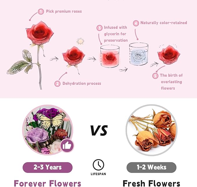Eternal Flower with Butterfly: Big Flowers Big Love-Elegant Flower in Glass Dome-Thanksgiving, Christmas, Mom Gifts for Her-Flowers for Delivery Prime-Floral Arrangements(Purple) - Bloomnest