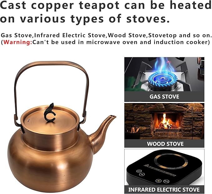 YJX Pure Copper Tea Kettle For Stovetop, Chinese Style Non-Coating Teapot with Stainless Steel Tea Ball For Loose Tea, Solid Tea Pot (1600ml) - Bloomnest