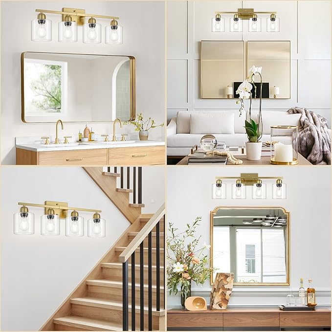 Modern Brushed Gold 4 Light Bathroom Light Fixtures, 24 inch Vanity Lights for Bathroom with Clear Glass for Mirror Kitchen Living Room Hallway Cabinet Porch - Bloomnest