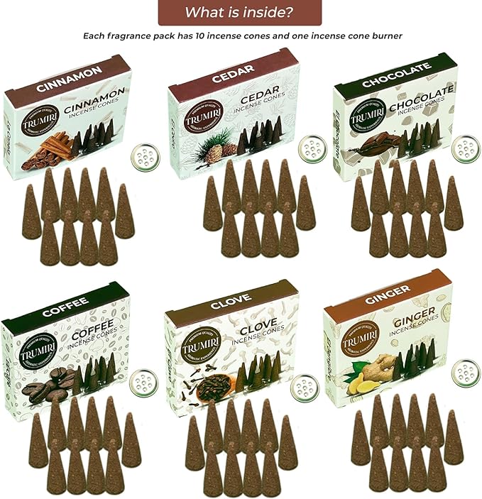 TRUMIRI Gourmet Incense Cones - Variety Pack - Total 60 Cone Incense (6 Scents x 10 Conos) - Vanilla, Cinnamon, Coffee, Chocolate, Clove, Ginger - Cone Incense Scents - Insense Cones - Incent Cone TRUMIRI
