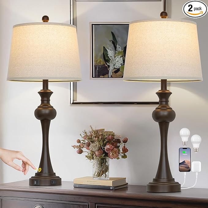 29" Brown Table Lamps Set of 2, Tall Bedside Lamps with USB C+A Ports, 3-Way Dimmable Touch Table Lamp, Nightstand Lamps for Bedroom,Modern Brown Lamps with Beige Lampshade, Bulbs Included - Bloomnest