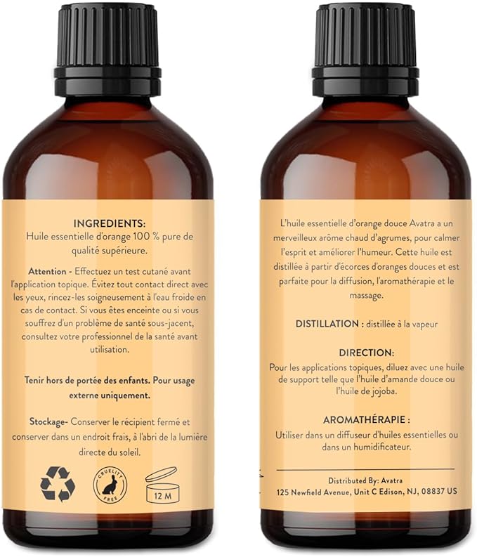 Avatra Brazilian Sweet Orange Essential Oil 100ml (3.38oz) - 100% Pure & Natural Orange Oil with Glass Dropper & Travel Bottle - Premium Essential Oil for Diffuser, Aromatherapy, Massage & DIY Candles - Bloomnest