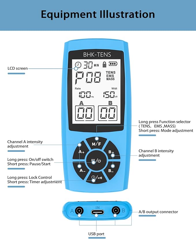 Rechargeable TENS Unit Machine for Pain Relief Therapy, Electronic EMS Muscle Stimulator for Shoulder Pain Relief, TENS&EMS Stimulator for Back Pain, Shoulder Neck Pain Relief, Sciatica Pain, Blue BHKTENS