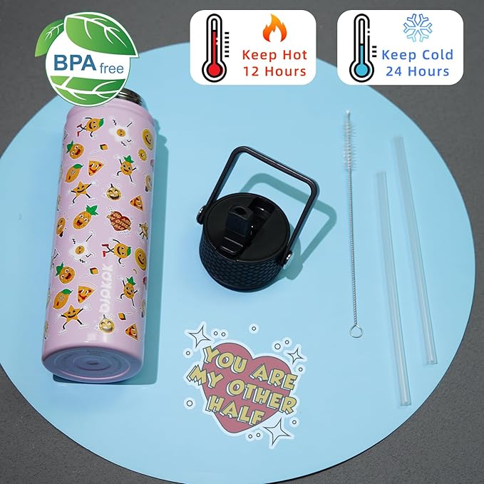 BJPKPK Insulated Water Bottle with Straw Lid, 22 oz Stainless Steel Metal Water Bottles, Reusable Leak Proof BPA Free Water Bottles, Cups, Thermo, Hawaii Fruits-Purple - Bloomnest