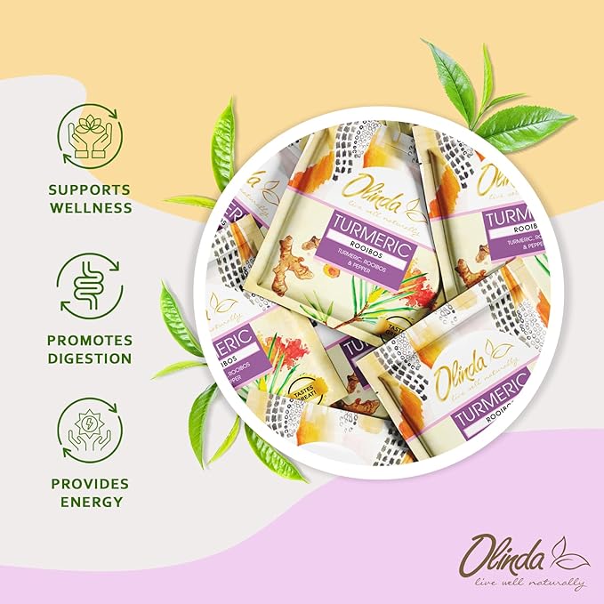 Olinda Turmeric Rooibos and Pepper Herbal Tea Organic Caffeine Free Tea for Weight Loss Detox and Antioxidant Support 28 Tea Bags Hot or Cold Brew - Bloomnest