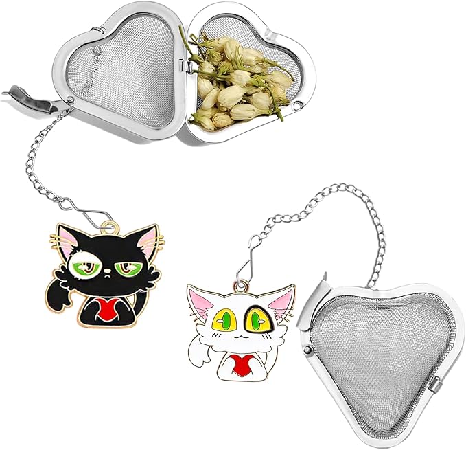 Tea infusers, loose tea strainer, Heart shaped tea ball + cute animal pendant, reusable tea steeper makes afternoon tea meaningful (Big eyed Cat, 2PCS) - Bloomnest