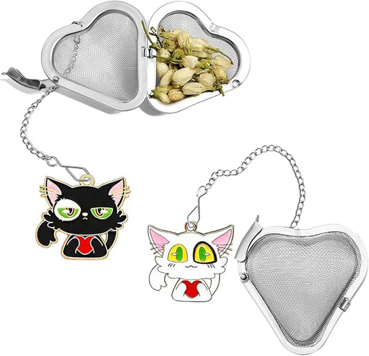Tea infusers, loose tea strainer, Heart shaped tea ball + cute animal pendant, reusable tea steeper makes afternoon tea meaningful (Big eyed Cat, 2PCS) - Bloomnest