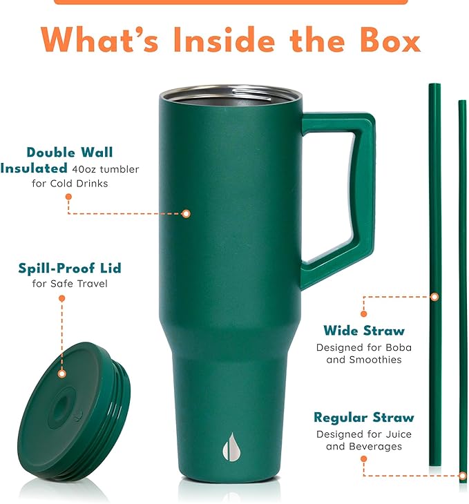 Elemental 40 oz Tumbler with Handle and Straw - Spill Proof Insulated Stainless Steel Commuter for Hot and Cold Beverages - Travel Coffee Mug with 2 Straws & Spill Proof Lid - 40oz - Forest Green - Bloomnest