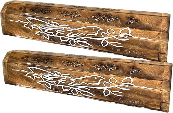 2 Pack Wooden Coffin Incense Sticks Burner - 12 Inches Carved - Storage Compartment (Carved Bird on Branch) - Bloomnest