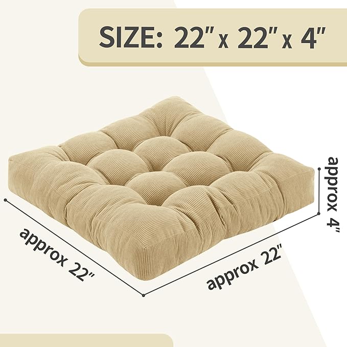 Floor Pillow Cushions for Adults Sitting Large Big Pillows for Floor Seating Square Memory Foam Thick Tufted, 22 x 22 Inch, Set of 2, Natural Linen - Bloomnest