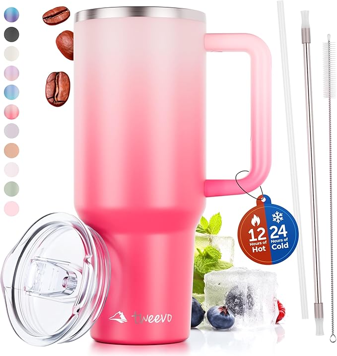 40 oz Tumbler With Handle and Straw Made of Stainless Steel - Double Wall Vacuum Insulated Tumbler With Lid - Sweat Proof Easy Grip, BPA-Free, Dishwasher Safe Tumbler (Misty Pink) - Bloomnest