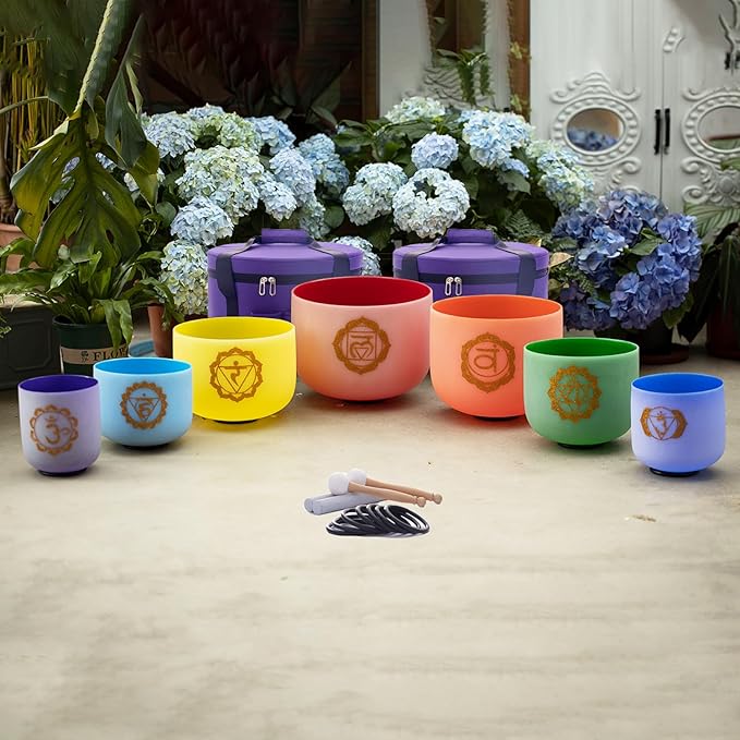 Hye-eun Colored Crystal Singing Bowls Chakra Set of 7, 432hz Frosted Sound Bowl 7-12 Inch Set with Carrying Case for Yoga Musical Vibration Sound Healing - Bloomnest