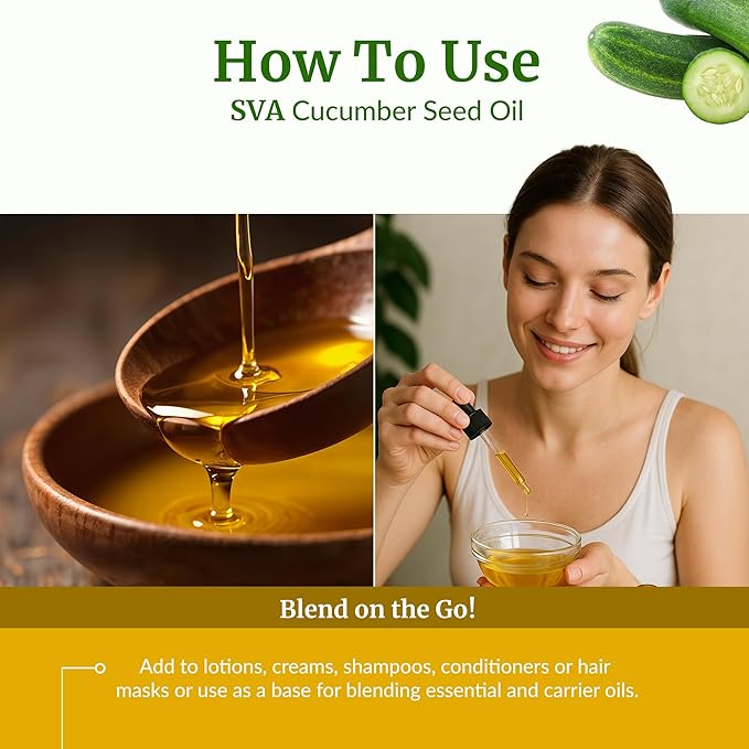 SVA Cucumber Seed Oil - 4 Fl Oz – 100% Natural Cold Pressed Cucumber Oil - for Face, Skin Care, Hair Care, Scalp Massage & Body Massage – Carrier Oil with Dropper - Bloomnest