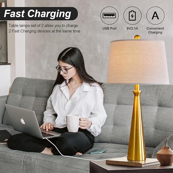 Oneach 25.75" 3-Way Dimmable Touch Control Modern USB Table Lamp Set of 2 for Living Room Bed Room Bedside Nightstand Lamps Fabric Shade Vintage Accent Light Gold Antique Brass - Bloomnest