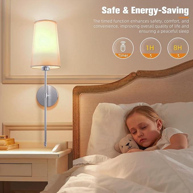 NIORSUN Brushed Nickel Battery Operated Wall Sconce Set of 2,Rechargeable Wall Lights with 5200mAh Dimmable Detachable Bulbs and Remote,9 Colors Wireless Sconces for Bedroom Living Room Hallway - Bloomnest