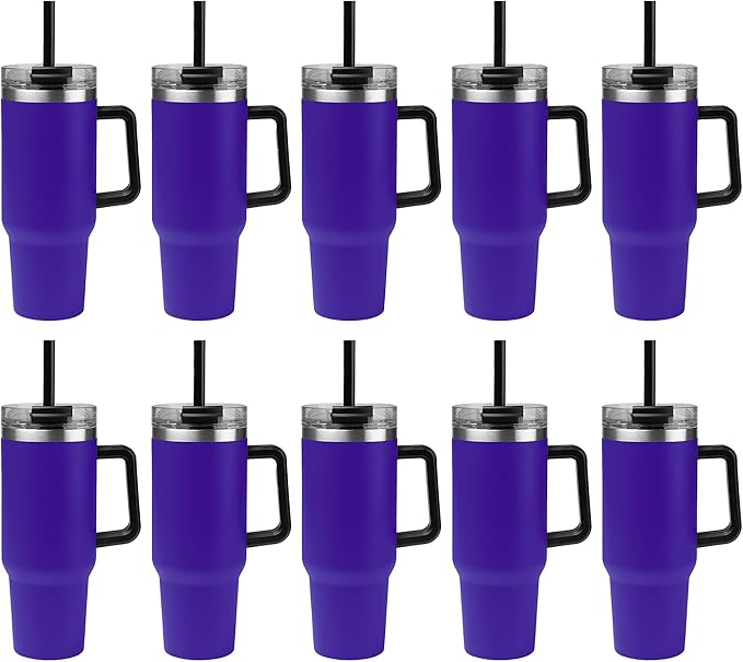 10 Ct of 40 Oz Intrepid Stainless Steel Tumbler with Lid, Straw & Handle – Purple – Customizable Insulated Cups for Water, Coffee, Hot & Iced Drinks – Great for DIY, Events, Work - Bloomnest