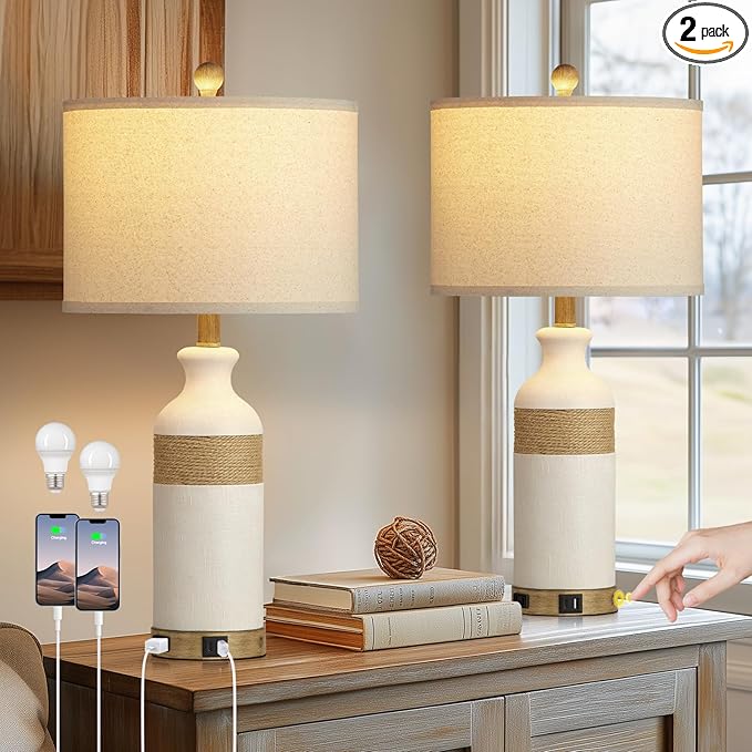 Boho Rattan Table Lamps for Bedroom Nightstand 26" Farmhouse Bedside lamp Set of 2 with USB C+A Ports & AC Outlet,3-Way Dimmable Touch Control Vintage Lamps for Living Room(Include Bulbs) - Bloomnest