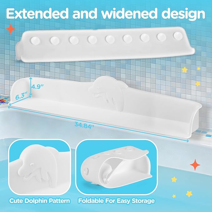 3FT Dolphin Pattern Bathtub Splash Guard Play Shelf for the Wide &Straight Bathtub Edge Toy Tray Caddy Holder Storage Suction Cups Attach to Bath Tub No Mess Water Spill in Bathroom (White) - Bloomnest