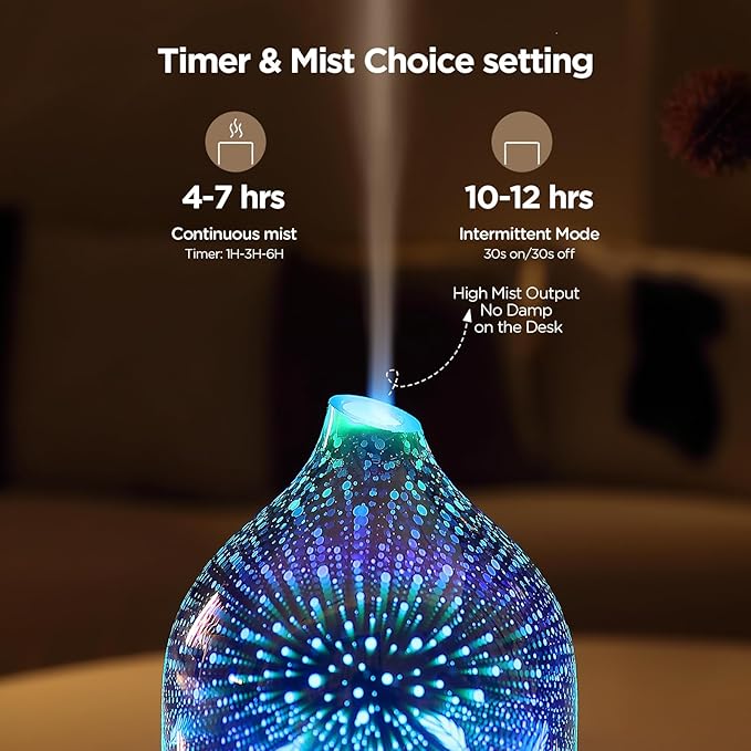 3D Glass owl Aromatherapy Diffuser 160ml ultrasonic Cool Mist Scent Aroma Essential Oil Diffuser Humidifier with Intermittent Mist & LED 7 Colorful Changing Night Light for Bedroom Home inrorans