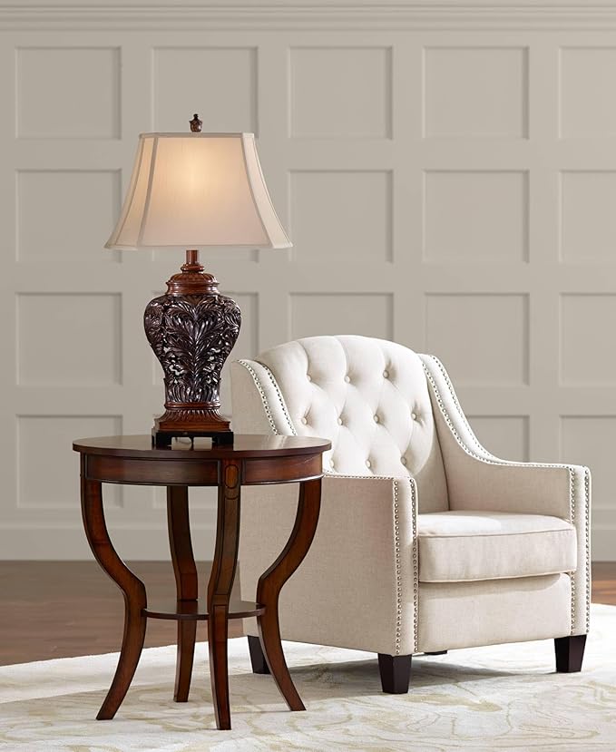 Barnes and Ivy Leafwork Vase 32 1/2" Tall Large Traditional End Table Lamp Brown Wood Finish Single Tan Rectangular Shade Living Room Bedroom Bedside Nightstand House Office Home Reading Kitchen - Bloomnest