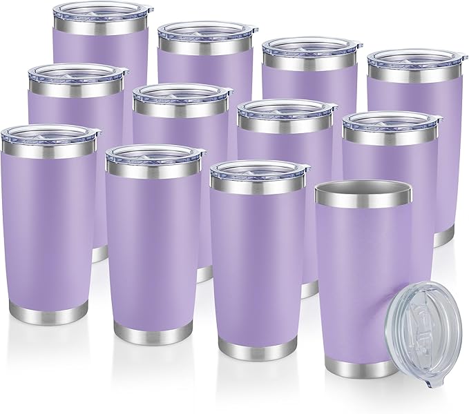 20 oz Tumblers Bulk Stainless Steel Tumbler with Lid Double Wall Vacuum Insulated Coffee Mug 20oz Powder Coated Cup for Hot and Cold Drinks, Purple, 12 pack - Bloomnest