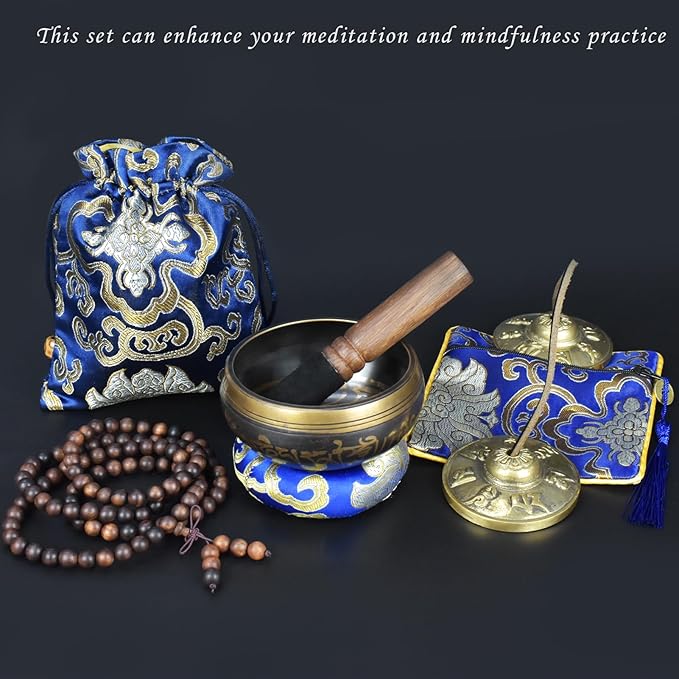 Artcome 7PCS Tibetan Meditation Set - Tibetan Singing Bowl & Tibetan Tingsha Cymbals Bells Handmade in Nepal for Meditation, Yoga, Tranquility, Relaxation, Chakra Healing, Stress Relief & Mindfulness - Bloomnest