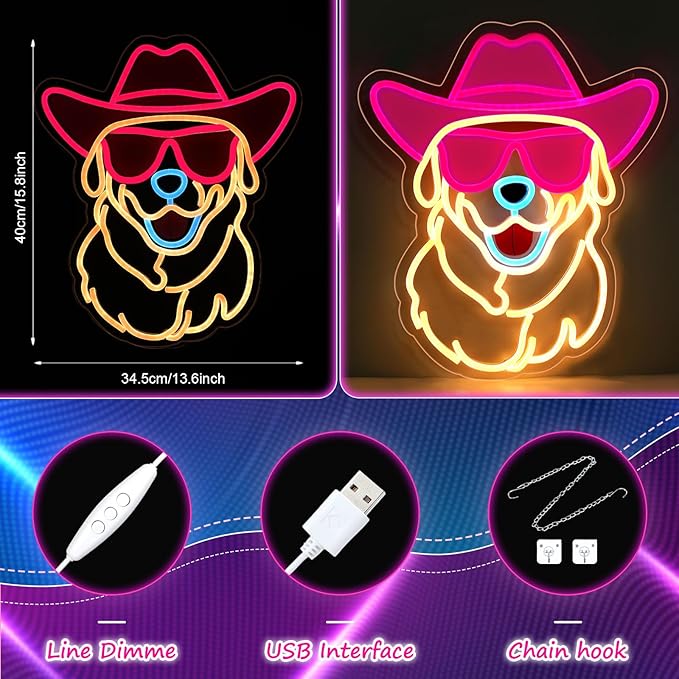 Retisee Golden Retriever Neon Sign Wall Decor Wearing Glasses Dog with Cowboy Hat LED Neon Light Dimmable Pet Animal Sign for Dog Lover Living Room Shop Bar Birthday Party Accessory Birthday Gift - Bloomnest