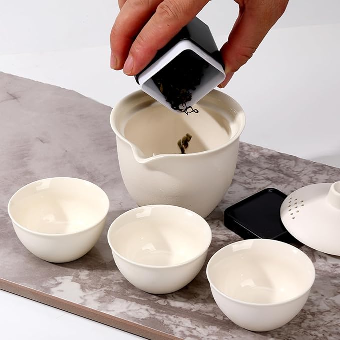 Porcelain Chinese Gongfu Tea Sets for Adults Portable Kungfu Teapot and Cup Set Small Ceramic Tea Party Set Travel Teaset with Lid for Home Gifting Outdoor and Office (White) - Bloomnest