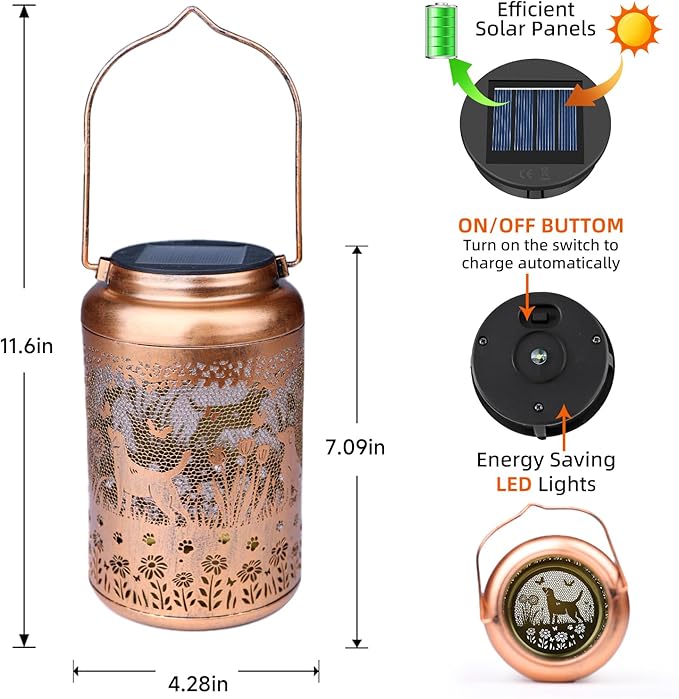 2Pack Dog Solar Lanterns Outdoor Waterproof Garden Decor Solar Lights Birthday Gifts for Women Mom Grandma Hanging Lantern LED Light Metal Dog Decoration Outside for Yard,Lawn,Porch,Patio,Tabletop - Bloomnest
