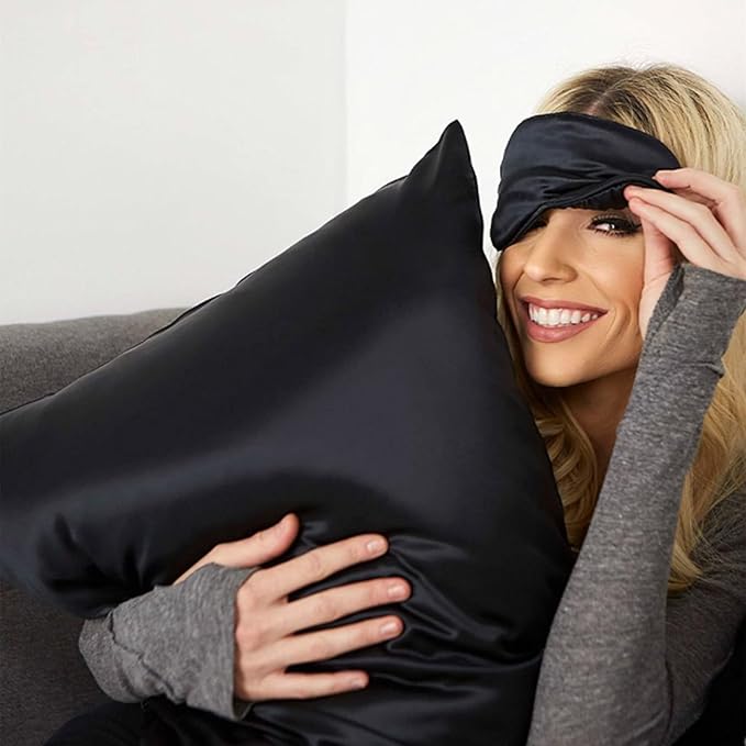 Hypoallergenic Pillow Case Made in USA, Premium Black Silk Pillow Cases, 6A Grade 22 Momme Pure Silk Pillowcase, Zipper Closure, Machine Washable, 1 Pc 20"x30" (Queen, Black) - Bloomnest