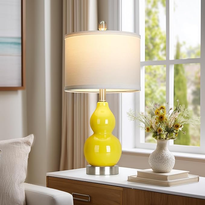 Double Gourd Ceramic Table Lamps Set of 2, Modern Yellow Bedside Lamps for Night Stand, Contemporary Nightstand Lamps for Bedroom Living Room (Bulb Included) - Bloomnest