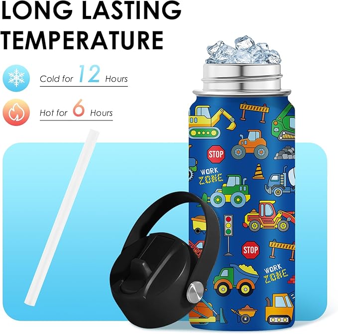 Construction Gifts for Men & Women - 16 Oz Water Bottle with Straw Lid, Stainless Steel Insulated Tumbler, Leak Proof, BPA-Free, for Boys, Travel - Truck Lovers Teen Birthday Gifts Cups(1pc) - Bloomnest