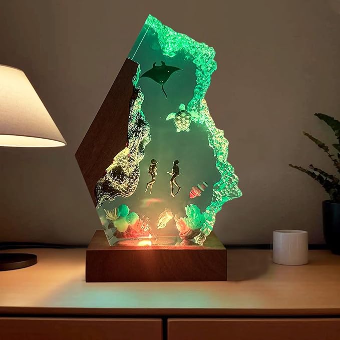 Handmade 3D Ocean Resin Lamp - USB Powered Resin Ocean Night Light with Wooden Base, Variable Lights, Scuba Diver Gifts, Diving Enthusiast Collectibles, Unique Thanksgiving Day and Christmas Gifts - Bloomnest