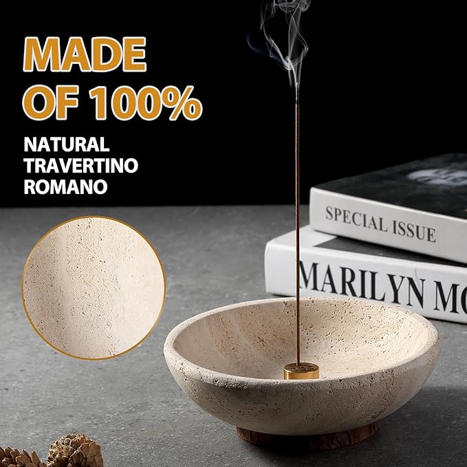 Travertine Incense Holder 2PCS, Natural Marble Incense Holder for Sticks with 9 Incense Holes, Sturdy Incense Burner Ash Catcher, Ideal for Meditation, Relaxing - Bloomnest