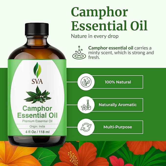 SVA Camphor Essential Oil – 4 Fl Oz – 100% Natural Camphor Oil - for Diffuser, Hair Care, Face, Skin Care, Aromatherapy, Scalp and Body Massage, Soap and Candle Making – with Dropper - Bloomnest