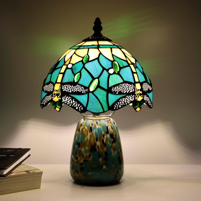 Tiffany Mushroom Table Lamp Dragonfly Style Blue Yellow Stained Glass Accent Lamp Brown Blue Glass Base 8X8X12 Inch - Bloomnest