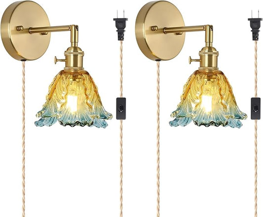 Vintage Plug in Wall Sconces Set of 2, Cabbage Yellow Lampshade & 180 Degree Adjustable, Brass Wall Lights, for Bedroom Living Room Hallway Aisle, Bulbs Not Included, ETL Listed - Bloomnest